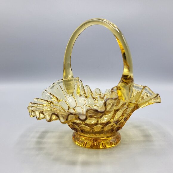 Vintage Candy Dish Amber Glass Basket Thumbprint Ruffled Edge - Picture 3 of 12